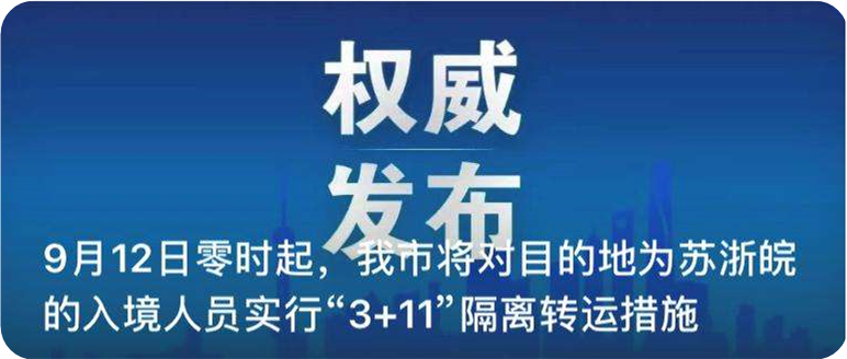 上海：9月12日起对目的地为苏浙皖的入境人员实行“3+11”隔离转运措施